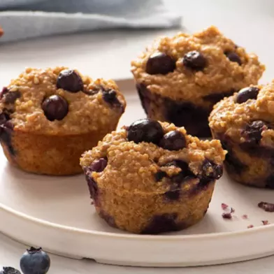Five-Ingredient blueberry muffins on white plate